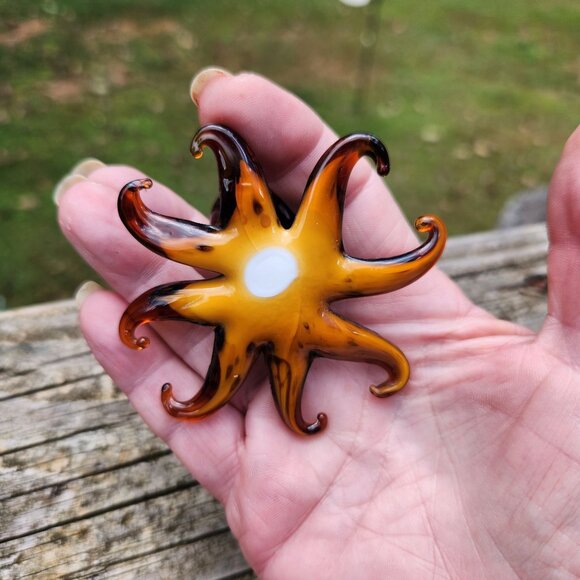 Handblown Art Glass Octopus Figurine With Orange & Black Speckled Design Vintage - Picture 7 of 7